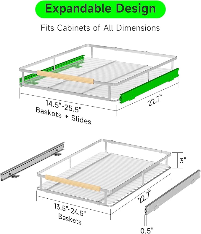 SOFRON Expandable Pull Out Drawers for Cabinets, Kitchen Cabinet Slide Out Shelves, Adjustable Roll Out Drawers, Stainless Steel, Large 1 Pack, (14.5"-25.5") Cabinet Width x 22.7" Depth