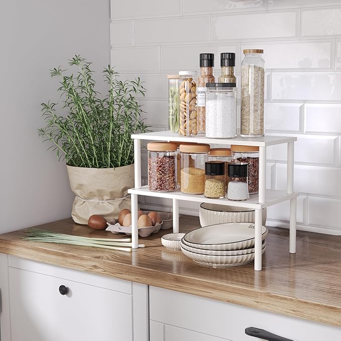 VERTORGAN Cabinet Organizer Shelf(Set of 2),Kitchen Counter Shelves,Bamboo Spice Rack Countertop and Cabinet,Stackable Expandable,Large(White)