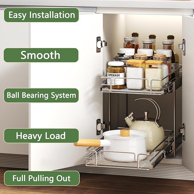 MODCART 2 Tier Individual Pull Out Cabinet Organizer 13½" W x 18" D, Heavy Duty Cabinet Pull Out Shelves, Slide Out Drawers Organization for Kitchen Cabinets Bathroom