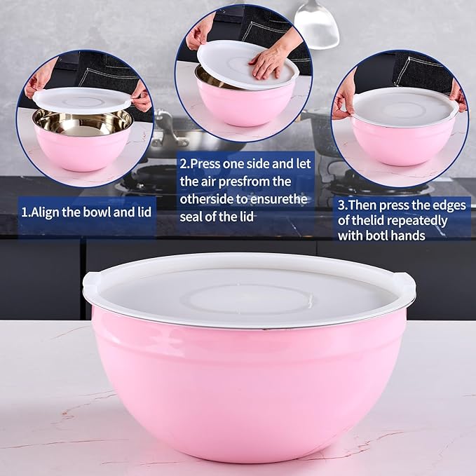 Onlycooker Pink Mixing Bowls With Airtight Lids,Stainless Steel Bowl,Salad Bowls 7 Piece Colorful Nesting Bowl Pink Kitchen Accessories,Size 7,3.6,2.7,2.1,1.5,1.1,0.8QT Stackable Design