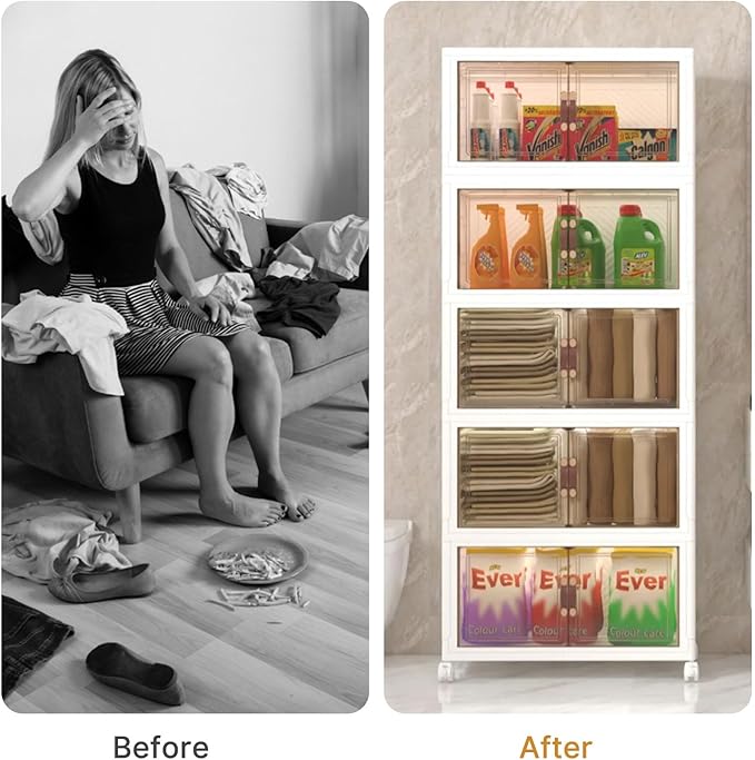 Extra Large Stackable Storage Bins with Lids & Wheels, 960QT-120QT/30GAL*8Pack Foldable Collapsible Closet Organizers Storage Cabinet with Doors for Bedroom Dorm
