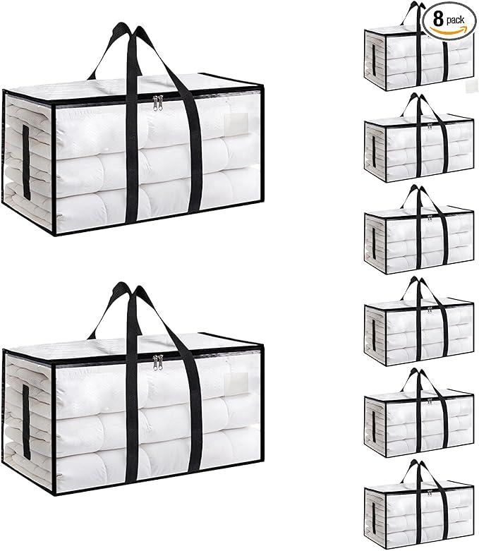 8 Pack-Extra Large Heavy Duty Moving Bags - Waterproof Storage Totes with Handles & Zippers, Foldable for College Dorm, Storage (Clear)