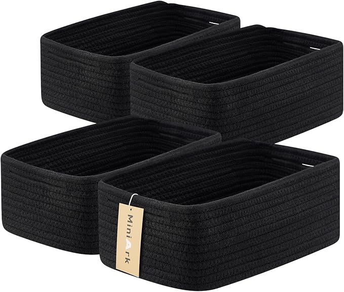 MiniArk Small Storage Baskets for Organizing | Closet Organizer Bins | Shelf Toy Basket | Woven Rope Baskets | Cube Decorative Box | Shallow Basket | 13x8.5x5.1” | 4 Packs Black