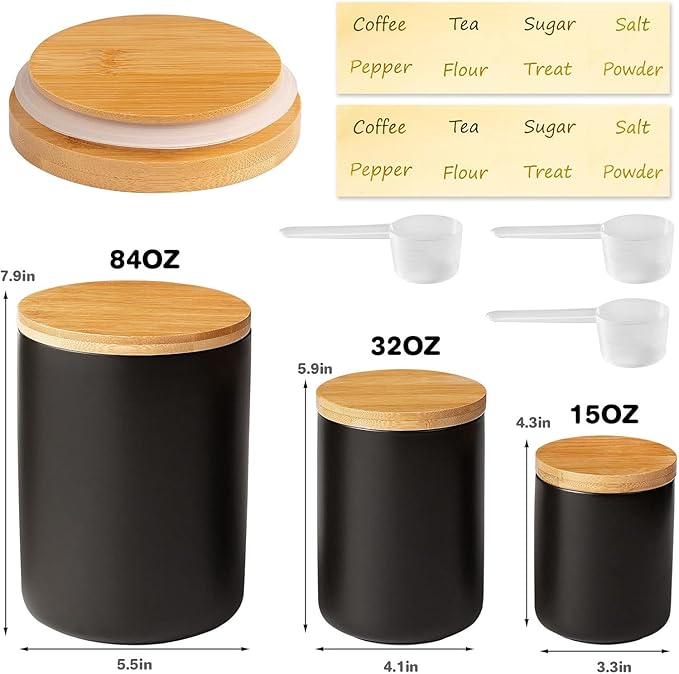 Yangbaga Black Canisters for Kitchen-Kitchen Canisters for Countertop with Airtight Wood Lids/Spoons/Stickers,Ceramic Kitchen Storage Containers for Large Flour,Suger,Coffee（32 OZ