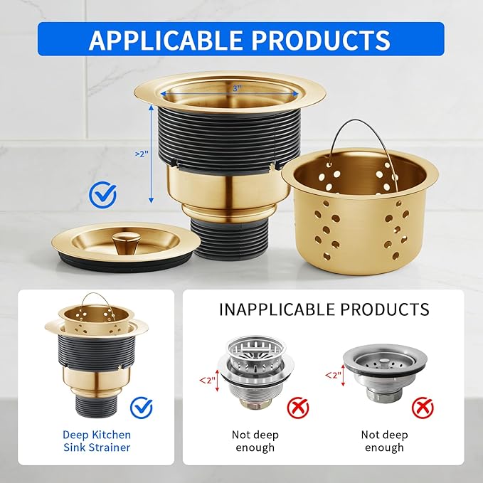 POPFLY SUS 304 Stainless Steel Deep Sink Strainer Basket – Fits Standard 3-1/2" Kitchen Drains, 2.5" Replacement Option – Removable Drain Basket with Handle for Easy Food Debris Cleaning, Gold