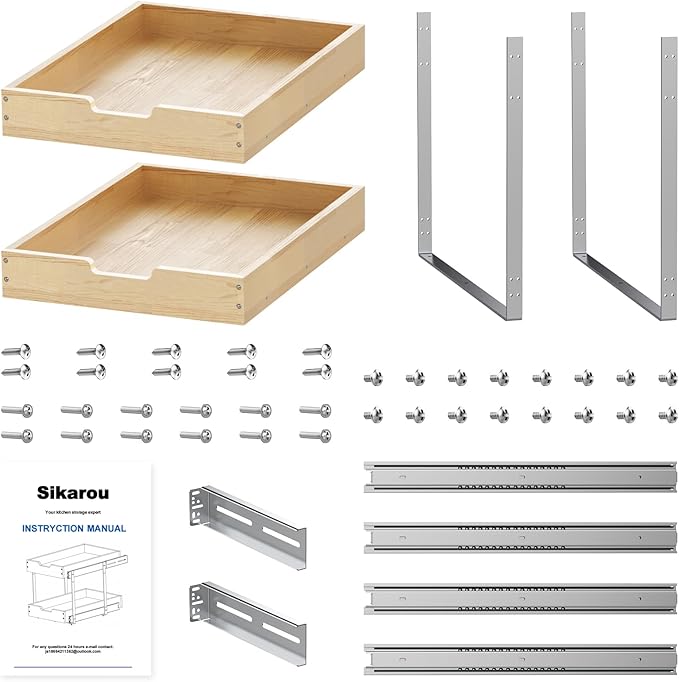 Sikarou Wood Pull Out Cabinet Organizer 2 Tie 20" W x 21" D, Heavy-Duty Sliding Drawers for Inside Cabinets Storage and Organization for Kitchen, Pantry, Bathroom