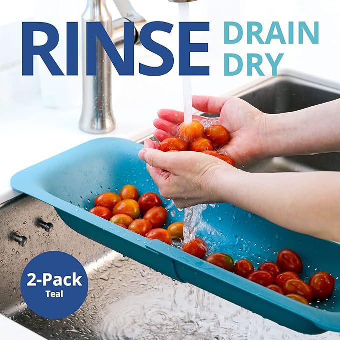 BLUE GINKGO Sink Colander Baskets - (Pack of 2) Wash Vegetables and Fruits, Drain Cooked Pasta and Dry Dishes - Extendable - New Home Kitchen Essentials (2 Teal)