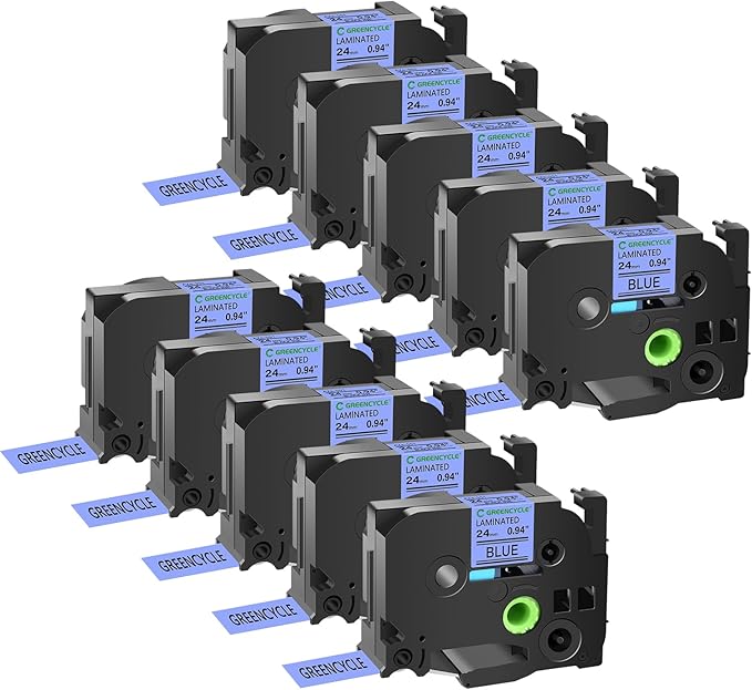 GREENCYCLE Compatible for Ptouch TZe-551 TZe551 AZE Tape 24mm 0.94 Inch 1" Black on Blue Laminated Label Tape for PT2730 PT9600 PTD600VP PTD800W PTH500LI PTP700 PTP710BT PTP750W, 10 Pack