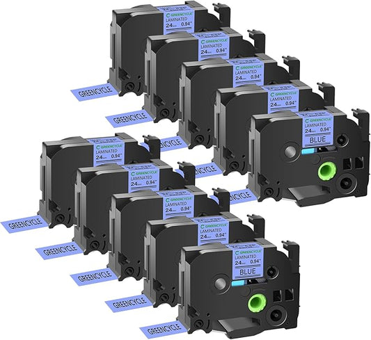 GREENCYCLE Compatible for Ptouch TZe-551 TZe551 AZE Tape 24mm 0.94 Inch 1" Black on Blue Laminated Label Tape for PT2730 PT9600 PTD600VP PTD800W PTH500LI PTP700 PTP710BT PTP750W, 10 Pack