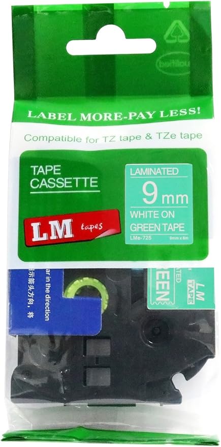 1/Pack LM Tapes - LMe725 Premium 3/8" White Print on Green Label Compatible with P-Touch TZe-725 Tape and Includes Tape Color/Size Guide. Replaces TZ-725 9mm 0.35 Laminated.
