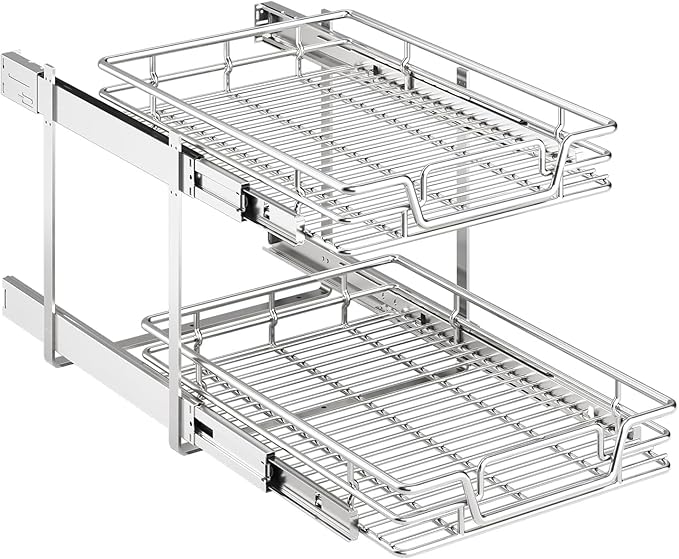 QUYUWU 2-Tier Kitchen Cabinet Pull Out Shelf and Drawer Organizer Slide Out Pantry Storaqe Basket in Multiple Sizes (15" W x18 D)
