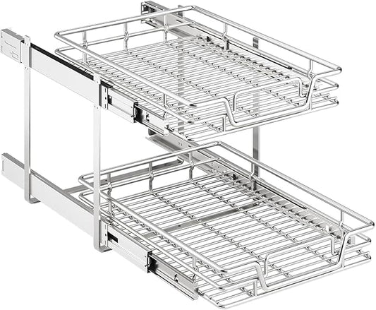 QUYUWU 2-Tier Kitchen Cabinet Pull Out Shelf and Drawer Organizer Slide Out Pantry Storaqe Basket in Multiple Sizes (15" W x18 D)