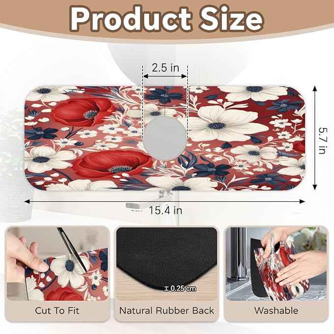 Red White Floral Bliss Kitchen Faucet Mat Splash Guard, 15.4”x5.7” Absorbent Quick Drying Sink Mat for Countertop Protection, Draining Mat Sink Protectors For Kitchen Bathroom, 2 Pack