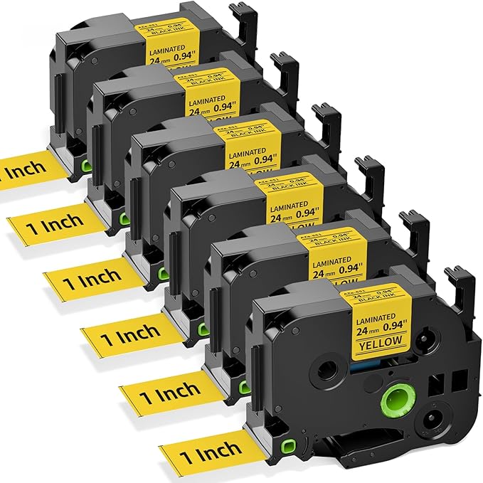TZe-651 Compatible with Brother Label Maker Tape 24mm 0.94 Yellow P Touch TZe TZ Tape 1”Laminated Black on Yellow for PT D600 D610BT P710BT P750W P700 P900W P950W Refills, 1 Inch x 26.2 feet, 6-Pack