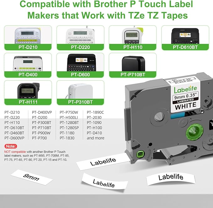 Labelife TZe-221 TZe221 Replacement for Brother P Touch Label Maker Tape 9mm TZe TZ Tape 9mm 0.35 Laminated White for Brother PT-D210 PT-D220 PT-D200 PT-H110 PT-D400 PT-D410, 3/8 Inch, 5-Pack