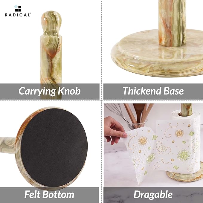 RADICALn Marble Paper Towel Holder Countertop 12.5" Inch Green Onyx Handmade Toilet Paper Towels Stand for Bathroom Counter, Hand Papertowel Holders for Home and Kitchen Décor