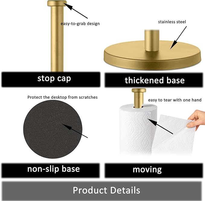 GWGTHZ Stainless Steel Gold Paper Towel Holder Countertop for Kitchen Bathroom, Standing Paper Towel Holder with Weighted Base.