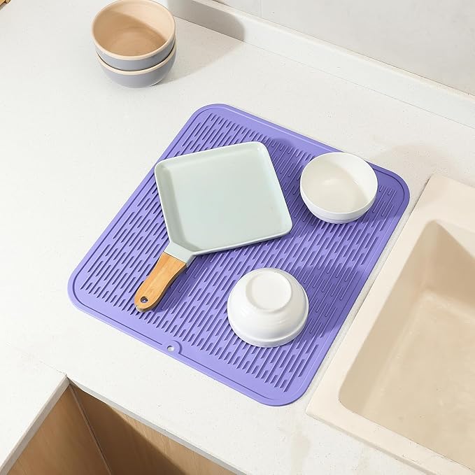 Silicone Dish Drying Mat for Multiple Usage,Easy clean,Eco-friendly,Heat-resistant Silicone Mat for Kitchen Counter or Sink,Refrigerator or Drawer Liner Light Purple XL 18 inches x 16 inches