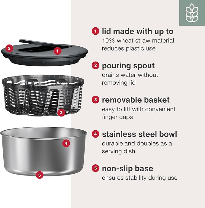 Zyliss Swift Dry Stainless Steel Salad Spinner - Fruit Cleaner & Lettuce Spinner with Push Pump - Non-Slip Bowl - Dishwasher Safe - Large