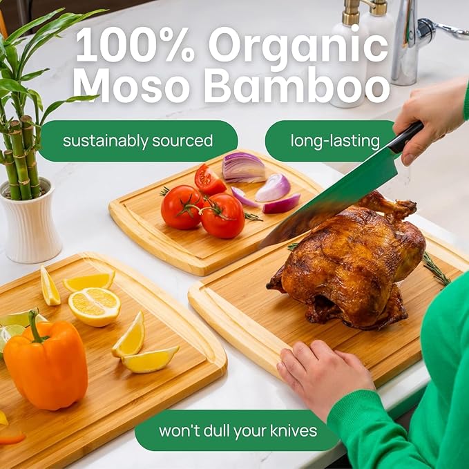 Organic Bamboo Cutting Board Set of 3 with Lifetime Replacements – Premium Extra Large Wood Cutting Boards for Kitchen with Juice Grooves for Carving & Serving, Non Toxic & Durable by Greener Chef