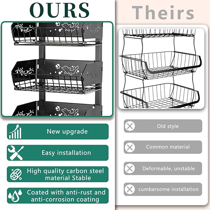 Heavy 4-Tier Snack Cart with Wheels ，Removable Rolling Pantry Floor Organizers ，Upgraded Wider and Thicker, Kitchen Fruit Basket Stand and Storage Rack for Fruit Snack Onion Potato