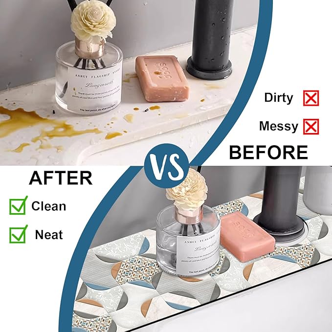 Ceramic Wall Tiles Kitchen Sink Splash Guard Faucet Mat Moroccan Graphics Super Absorbent Fast Drying Mat Sink Splash Guard Behind Faucet for Kitchen Bathroom, 23.5"x5.5"