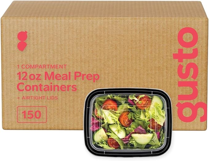 GUSTO [12 oz - Case of 150 1-Compartment Meal Prep Containers with Lids – Reusable, Microwaveable, Dishwasher & Freezer Safe, BPA-Free Food Storage Boxes for Portion Control (Formerly Comfy Package)