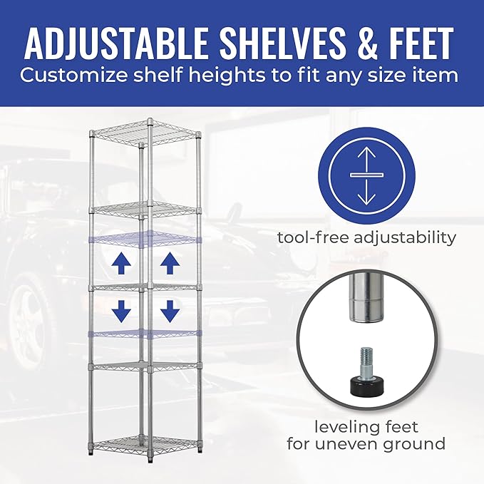 SafeRacks - NSF Certified Storage Shelves, Zinc, Heavy Duty Steel Wire Unit with Adjustable Feet, Garage or Bakers Rack, Kitchen, Pantry Shelf - (18"x18"x72" 5-Tier) (Silver)