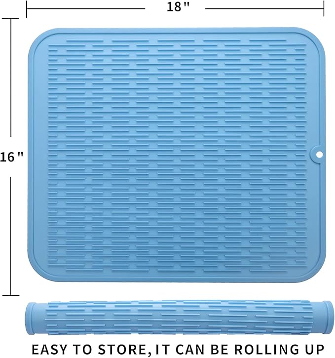 Silicone Dish Drying Mat for Multiple Usage,Easy clean,Eco-friendly,Heat-resistant Silicone Mat for Kitchen Counter or Sink,Refrigerator or Drawer Liner Light Blue XL 18 inches x 16 inches