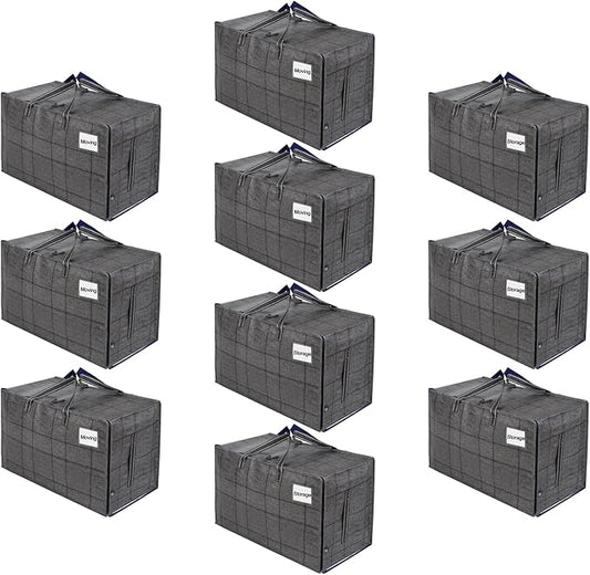VENO 10 Pack Moving and Storage Bags, Heavy Duty, Alternative to Moving Boxes, Large Packing Totes Supplies for College Dorm Room with Zipper for Clothes, Wide Open Design (Windowpane, 10 Pack)