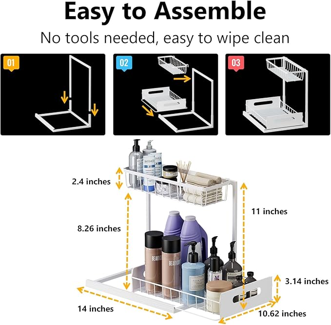 Ceetug Under Sink Organizers and Storage 2 Tier Slide Out Kitchen Cabinet Organizer Sturdy Metal Bathroom Storage (White, 1 Pack)