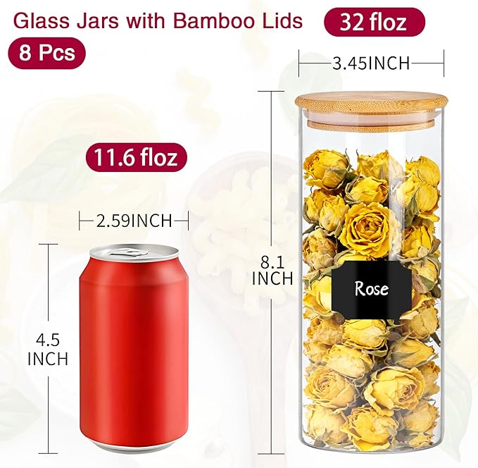 32 oz 8 Pcs Glass Jars with Bamboo Lids, Stackable Clear Food Storage Jars, Airtight Kichen Glass Pantry Storage Containers with Lids for Rice, Candy, Sugar, Flour, Nuts, Cookie, Coffee Bean