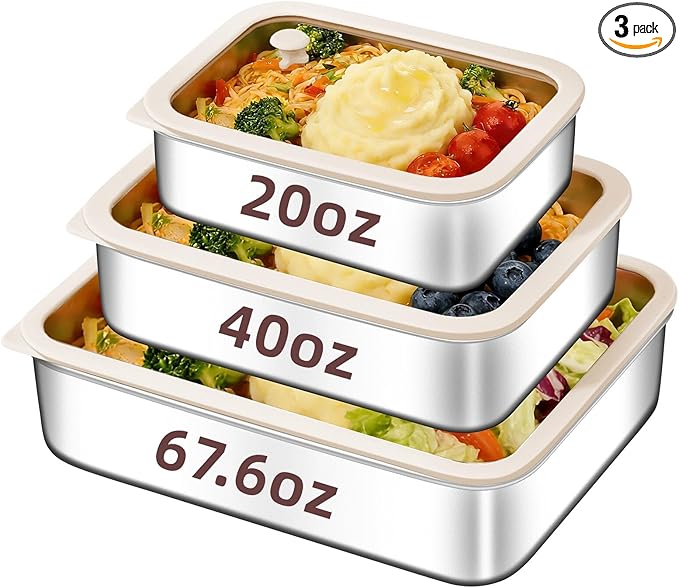 3-Piece Extra Thick 304 Stainless Steel Food Storage Containers with Non-Stick Bottom, Airtight Glass Lids & Silicone Seal, Stackable Kitchen Organization Boxes for Food Preservation