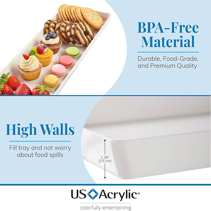 US Acrylic White Plastic Serving Trays (Set of 4) 15” x 5” | Narrow Unbreakable Reusable Rectangular Party Platters | Serve Appetizers, Fruit, Veggies, & Desserts | BPA-Free & Made in USA