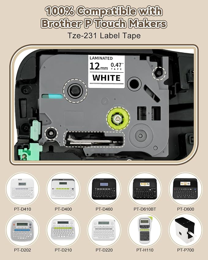 50x Replace for Brother 12mm 0.47 Laminated White TZ Tape, P Touch Label Tape Compatible with Brother Label Maker PTouch PTH210 PTD220 PTH110 PT-1280 PT-1880, Black on White, 1/2 Inch x 26.2 Feet