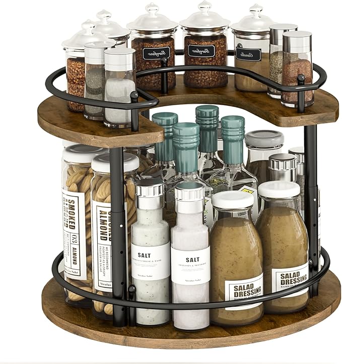 LIAISIMI 2 Tier Lazy Susan Organizer,2-Tier Spinning Spice Rack with Stable Carousel Base & 4 Height Settings for Cupboard Kitchen Countertop Dining Table Cupboard (Round)