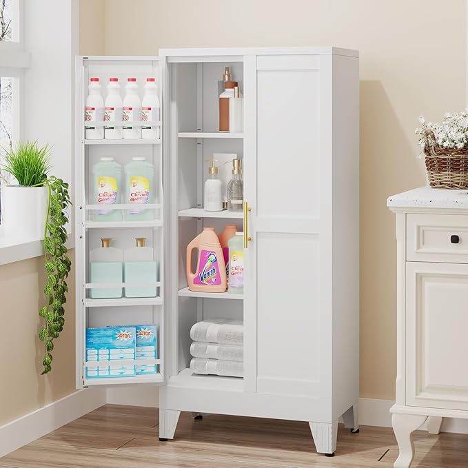 51" H Metal Kitchen Pantry Storage Cabinet,Storage Cabinets with Doors and Adjustable Shelves,Freestanding Food Pantry Cabinet Cupboard for Living Room,Dinning Room（White）