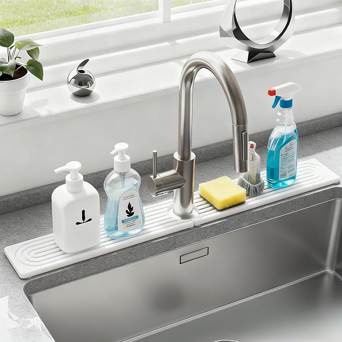 Stone Faucet Mat for Kitchen Sink, Silicone Faucet Handle Drip Catcher Tray Mat, Silicone Kitchen Sink Splash Guard for Bathroom Counter Kitchen Counter Accessories, White, 30" x 4"