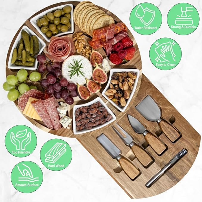 Acacia Cheese Board & Knife Set – Charcuterie Board with Ceramic Bowls, Slide-Out Drawer & Serving Utensils, Perfect for Entertaining – Ideal Gift for Weddings, Housewarming & Holidays