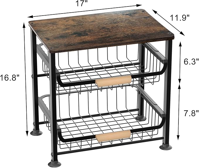 Fruit Vegetable Basket for Kitchen,3 Tier Pantry Organizer with Wheels,Snack cart with Wood Top,Metal Wire Storage Basket Organizer Baskets for Kitchen, Pantry, Bathroom