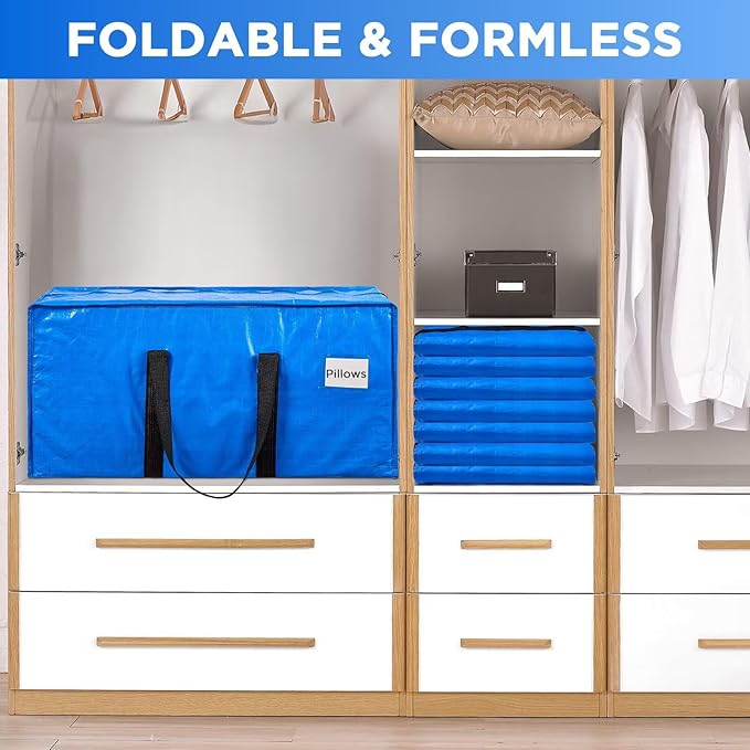 BETU Extra Large Moving Bags Heavy Duty Storage Bags with Zipper Handles, 2 Pack Clothes Storage Totes Bins Packing Moving Boxes, Moving Supplies for College Dorm Essentials, Space Saving, Blue