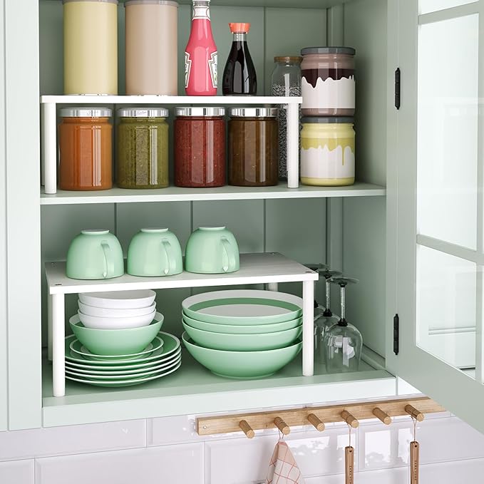 VERTORGAN Cabinet Organizer Shelf(Set of 2),Kitchen Counter Shelves,Bamboo Spice Rack Countertop and Cabinet,Stackable Expandable,Large(White)