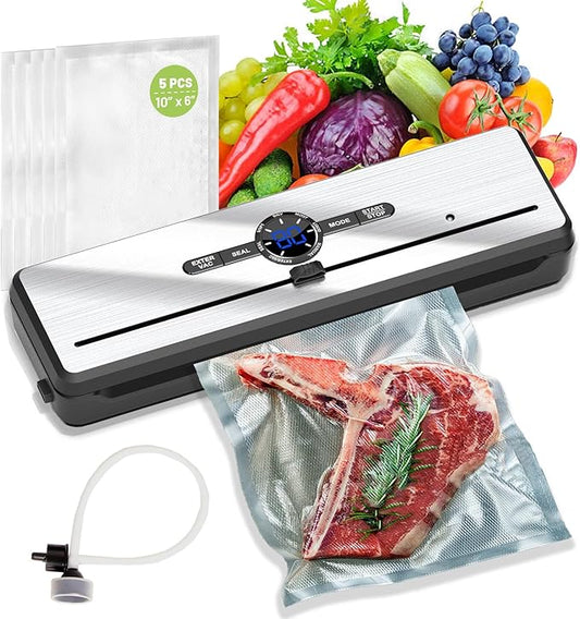 VNIMTI Vacuum Sealer Machine for Food, 70Kpa Vacuum Food Sealer with Dual Heat Seal, Multi-Functional with Moist & Dry Mode, 5 Vacuum Bags, Built-in Cutter, External Vacuum Hose for Jars