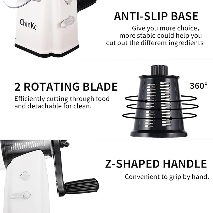 ChinKc Upgrade Rotary Cheese Grater Shredder with Handle, Strong Suction Base, Multi-purpose Rotary Grater Slicer with 5 Interchangeable Blades for Ice, Vegetables, Fruit, Nuts with Blade Storage Box