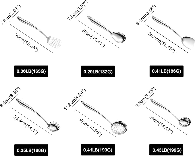 NIITAWH 304 Stainless Steel Kitchen Utensil 6 PCS Cooking Utensils Set, Spatula, Ladle, Skimmer, Slotted Spatula Tunner, Spaghetti Spoon, Large Spoon