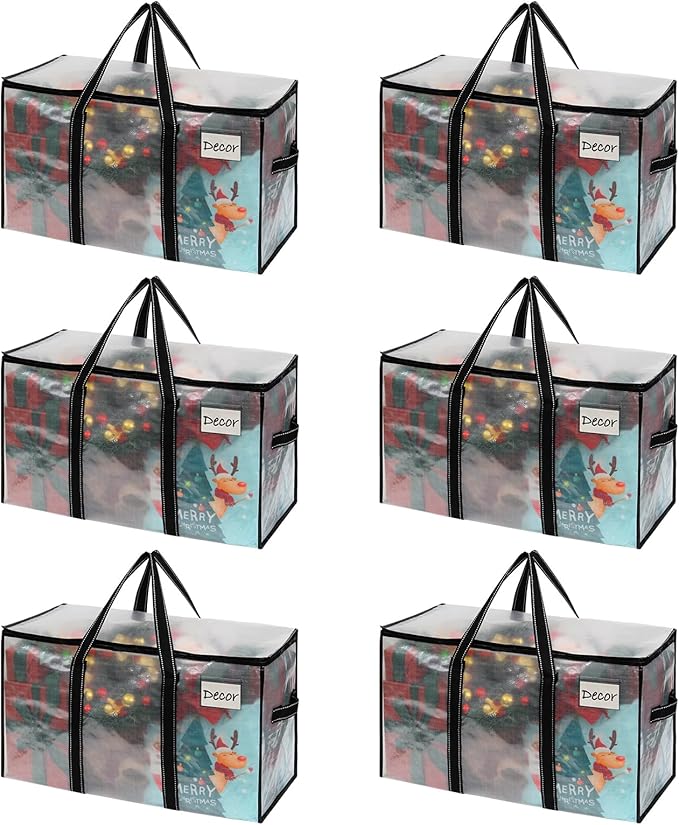 VENO 6 Pack Moving Bags & Large Christmas Storage Bins with lids for Decorations, Garland, Lights. Moving Boxes Packing Supplies for College Dorm. Extra Large Heavy Duty Totes (Clear-6 Pack)