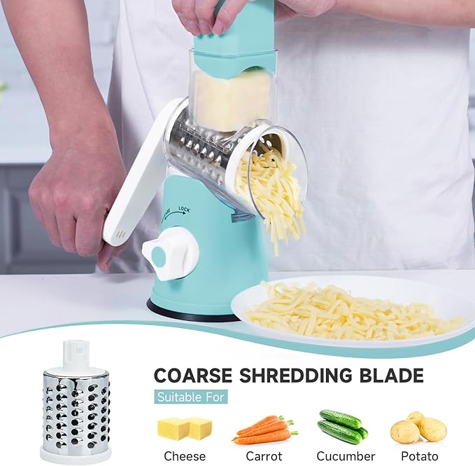 REDPANT Rotary Cheese Grater, Cheese Grater Hand Crank with 3 Interchangeable Blades, Manual Cheese Shredder with Strong Suction Base, Easy to Use and Clean, Blue