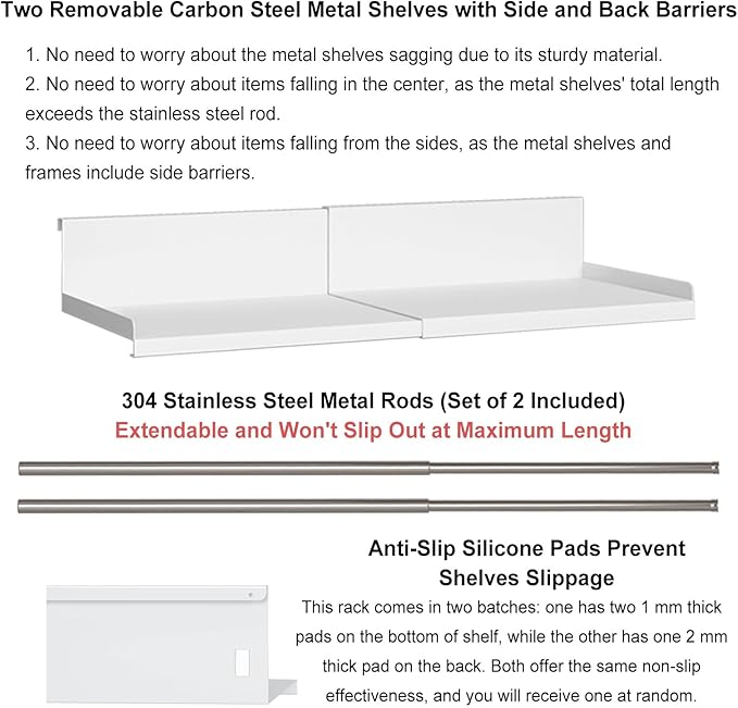 SHINEWON Expandable Under Cabinet Shelf Organizer with 0.94-Inch Thick Clips, Heavy Duty Extendable Under Shelf Storage Basket for Pantry or Laundry Room, White, 1 Pack, Interior: 5.7" H x 7.2" D
