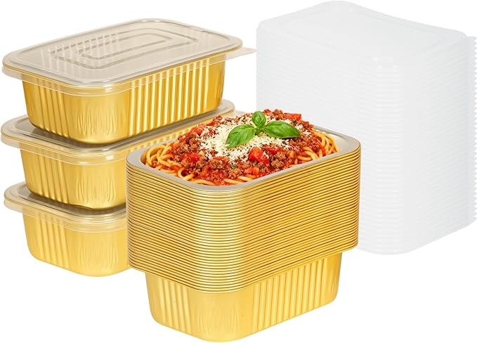 Fothwart 7.2"×5"×2.2" - 40 Pack 2 LB/32oz Gold Aluminum Foil Pans with Lids Heavy Duty, Foil Food Containers with Lids, Tin Foil Pans for Baking, Meal Prep, Freezer, Heating and Takeout