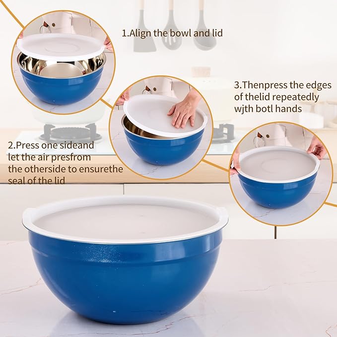 Moxinox Blue Mixing Bowls with Airtight Lids, Stainless Steel Nesting Mixing Bowls Set of 7, Ideal for Baking, Prepping and Serving Food, Size 7, 3.6, 2.7, 2.1, 1.5, 1.1,0.8 QT, Stackable Design